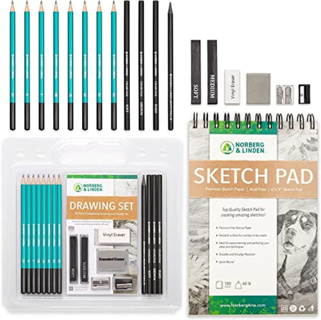 Norberg & Linden Drawing Set - Sketching and Charcoal Pencils - 100 Page  Drawing Pad, Kneaded Eraser. Art Kit and Supplies for Kids, Teens and  Adults